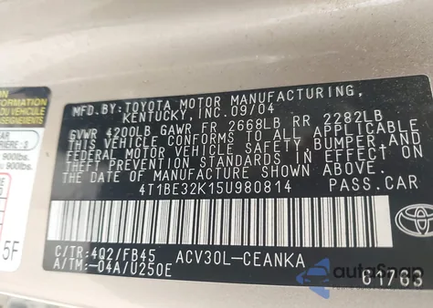 2005 Toyota Camry Le from USA, damaged, VIN 4T1BE32K15U980814